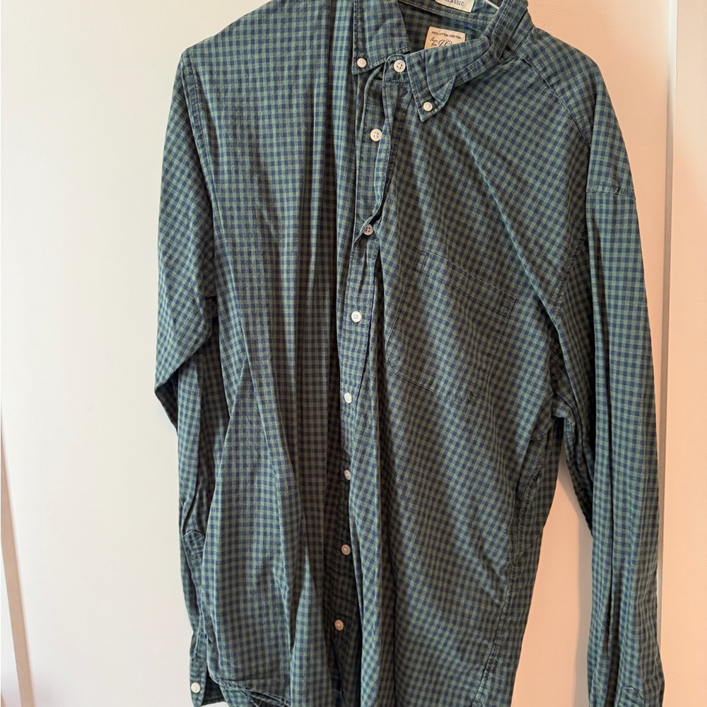J. Crew Green and Navy Check Button-Down Shirt